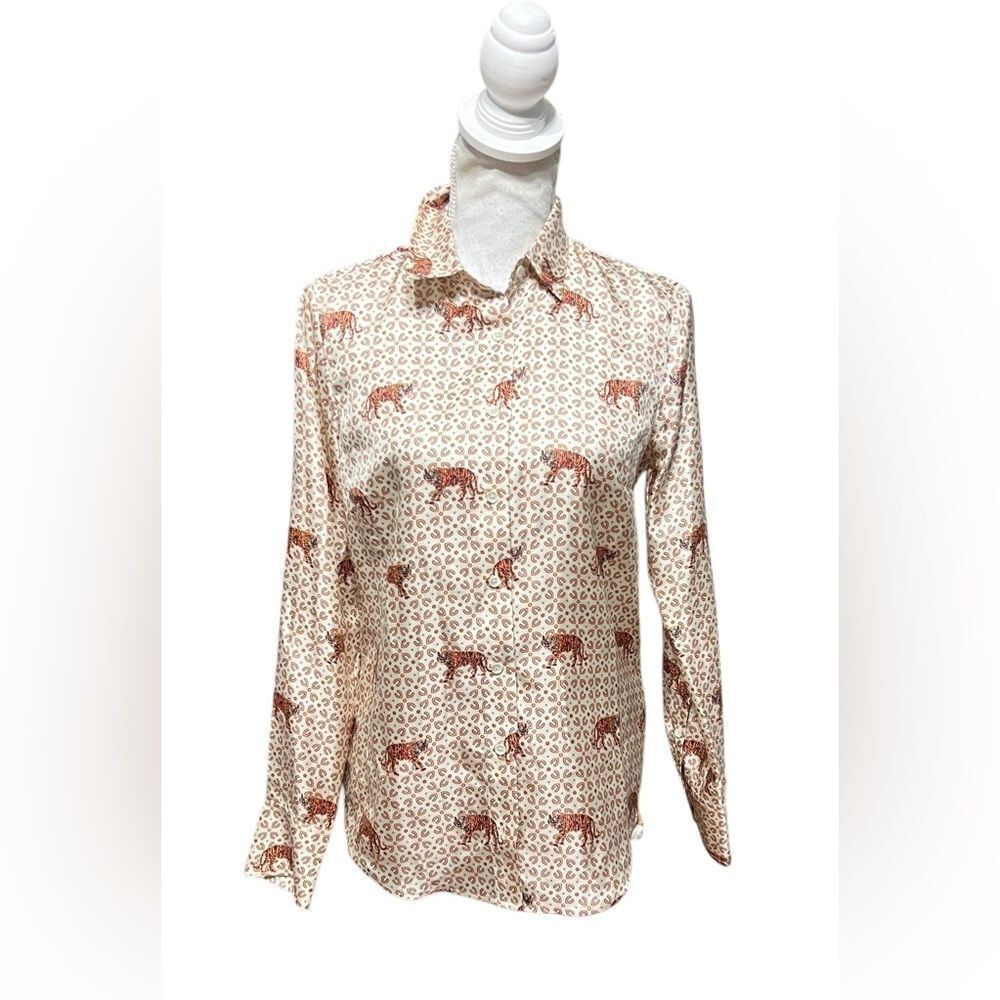 J. Crew Silk Twill Tiger Print Button Down Top Size 4 Dusty Ivory‎ Mob Wife